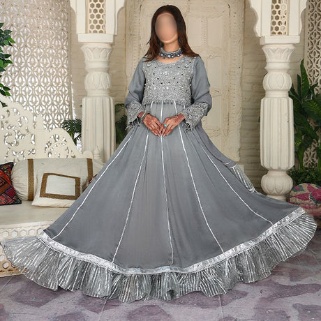 3 Piece Fancy Embroidery Dress - Stylish Light Weight Chiffon Fabric Suit Indian Pakistani Fancy Embroidered Dress For Events Party Outdoor Dress - Gray - Shop N Save