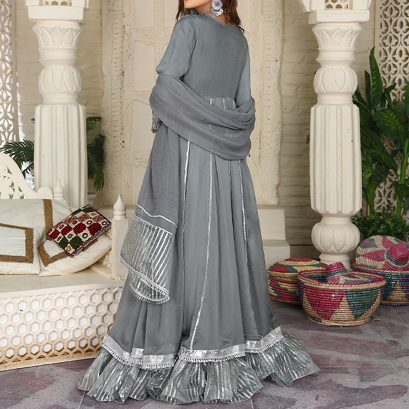 3 Piece Fancy Embroidery Dress - Stylish Light Weight Chiffon Fabric Suit Indian Pakistani Fancy Embroidered Dress For Events Party Outdoor Dress - Gray - Shop N Save