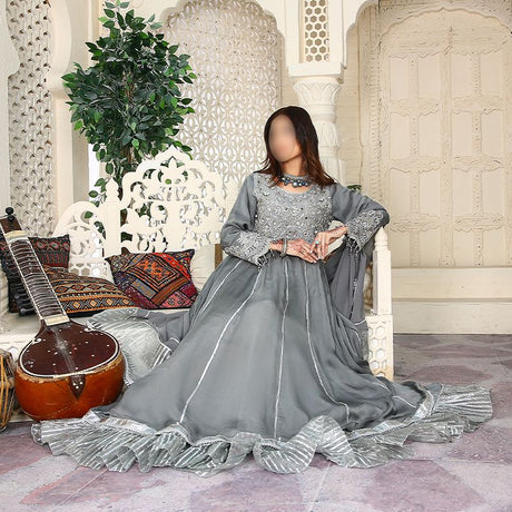 3 Piece Fancy Embroidery Dress - Stylish Light Weight Chiffon Fabric Suit Indian Pakistani Fancy Embroidered Dress For Events Party Outdoor Dress - Gray - Shop N Save
