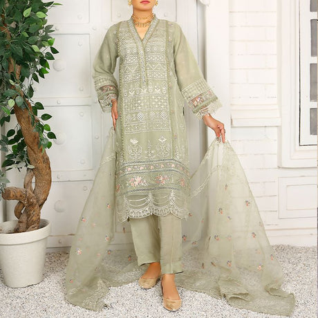 3 Piece Fancy Embroidery Dress - Stylish Light Weight Chiffon Organza Fabric Suit Indian Pakistani Fancy Embroidered Dress For Events Party Outdoor Dress - Dark Green - Shop N Save