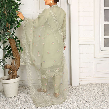 3 Piece Fancy Embroidery Dress - Stylish Light Weight Chiffon Organza Fabric Suit Indian Pakistani Fancy Embroidered Dress For Events Party Outdoor Dress - Dark Green - Shop N Save
