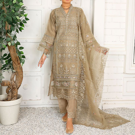 3 Piece Fancy Embroidery Dress - Stylish Light Weight Chiffon Organza Fabric Suit Indian Pakistani Fancy Embroidered Dress For Events Party Outdoor Dress - Khaki - Shop N Save