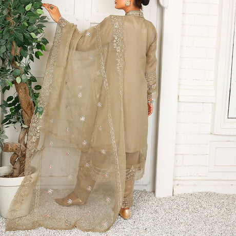 3 Piece Fancy Embroidery Dress - Stylish Light Weight Chiffon Organza Fabric Suit Indian Pakistani Fancy Embroidered Dress For Events Party Outdoor Dress - Khaki - Shop N Save
