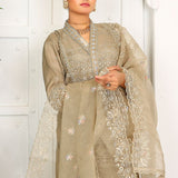 3 Piece Fancy Embroidery Dress - Stylish Light Weight Chiffon Organza Fabric Suit Indian Pakistani Fancy Embroidered Dress For Events Party Outdoor Dress - Khaki - Shop N Save