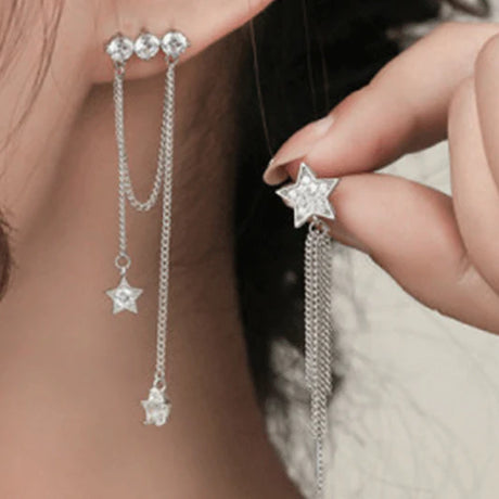 Star Asymmetrical Long Tassel Earrings - Silver - Shop N Save