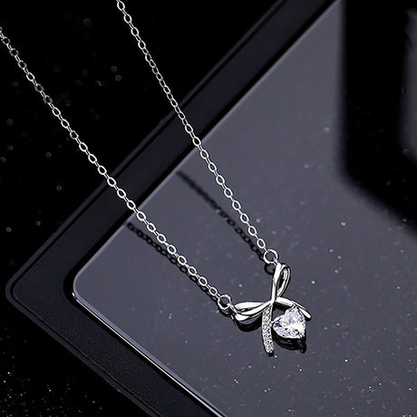 Diamond Love Necklace - Silver Bow Pendant, Minimalist Birthday Gift - Shop N Save