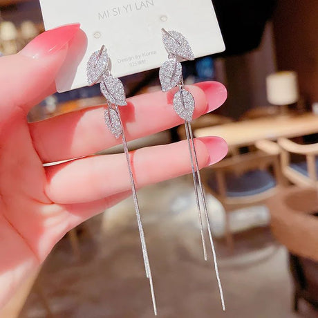 Korean Silver Tassel Earrings: Crystal Leaf, Wedding Luxury - Shop N Save