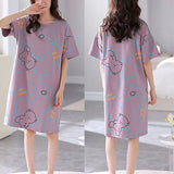Cute Bear Cartoon Print Purple Women's Midi Dress Comfy and Casual Sleepwear Perfect for Girls' Night In!