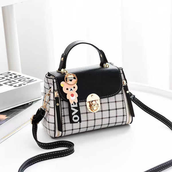 Cute Simple Plaid Print Messenger Bag - Black