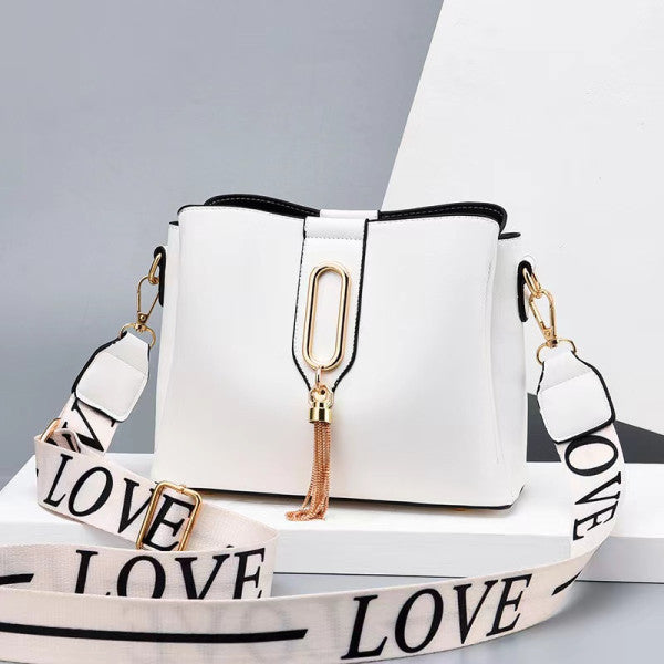 Wide Strap Fashion Letter One Shoulder Bucket Bag - White