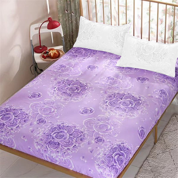 Floral Printed Elastic Easy Fitted Quality Fabric Bed Sheet Cover with 2 Pieces Pillow Covers - 150 X 200cm - Purple