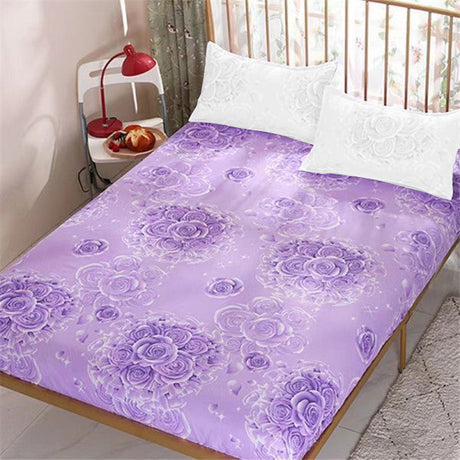 Floral Printed Elastic Easy Fitted Quality Fabric Bed Sheet Cover with 2 Pieces Pillow Covers - 150 X 200cm - Purple