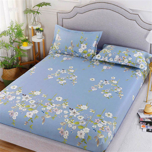 Floral Printed Elastic Easy Fitted Quality Fabric Bed Sheet Cover with 2 Pieces Pillow Covers - 150 X 200cm - Purple