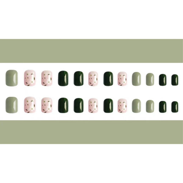 24 Pieces Color Contrast Fake Nail Set With Glue - Green
