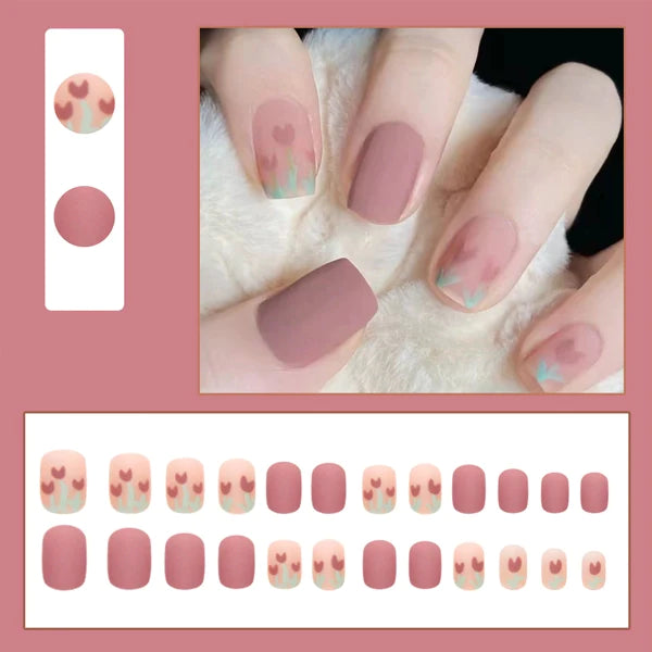 24 Pieces Sweet Tulip Removable Nail Art With Glue - Pink