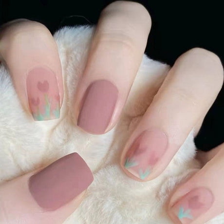 24 Pieces Sweet Tulip Removable Nail Art With Glue - Pink