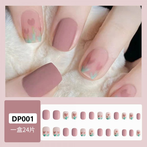 24 Pieces Sweet Tulip Removable Nail Art With Glue - Pink