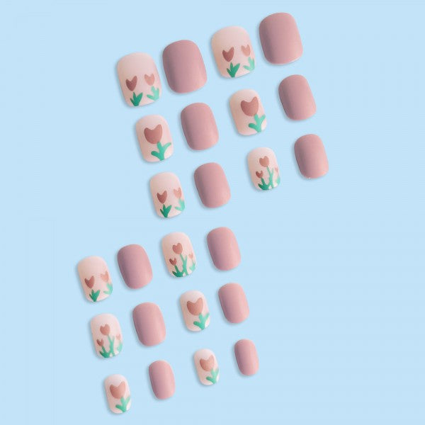 24 Pieces Sweet Tulip Removable Nail Art With Glue - Pink