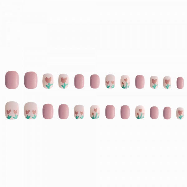 24 Pieces Sweet Tulip Removable Nail Art With Glue - Pink