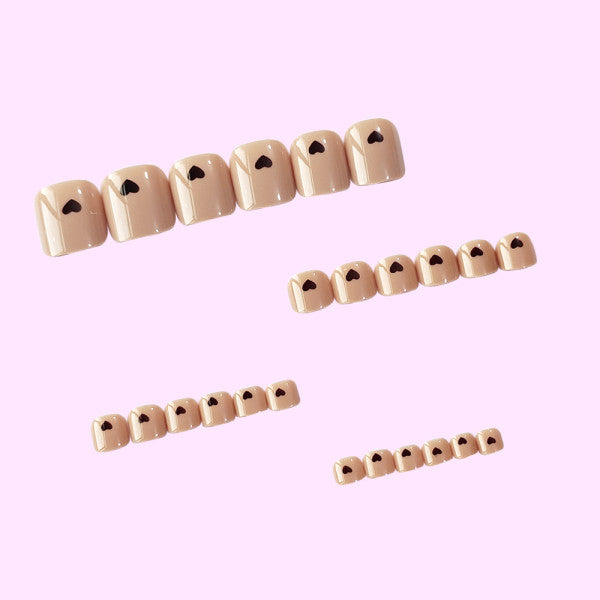24 Pieces Ladies Removable Heart Print Nails Set With Glue - BLACK PINK