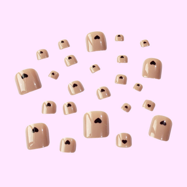 24 Pieces Ladies Removable Heart Print Nails Set With Glue - BLACK PINK
