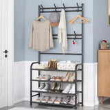 Multifunctional 5 Tiers Shoe Rack And Hat Coat Hanger - Black