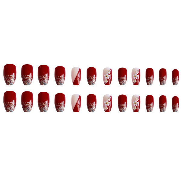 Floral Patched Glitter Wearable Fake Nails- Red