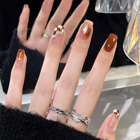 12 PCs Checkered Print Shiny Party Wear Fake Nails - BROWN WHITE - Shop N Save