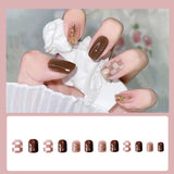 Checks Print Contrast 12 PCs Party Wear Fake Nails Set - BROWN WHITE