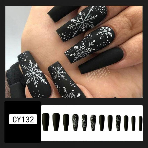 Snow Flakes Printed Long Stylish 12 PCs Fake Nails - BLACK SILVER