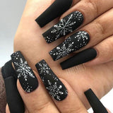 Snow Flakes Printed Long Stylish 12 PCs Fake Nails - BLACK SILVER