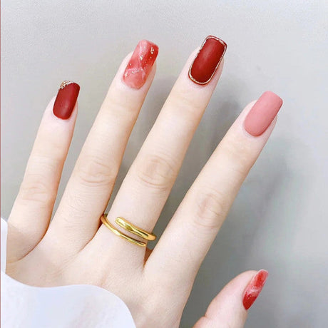 Multi Reddish Tone Medium Length 12 PCs Fake Nails Set - Red Multicolor - Shop N Save