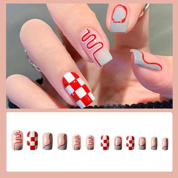 Wavy Check Prints Fancy 12 PCs Fake Nails Set -Red Multi Color