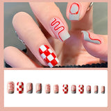 Wavy Check Prints Fancy 12 PCs Fake Nails Set -Red Multi Color