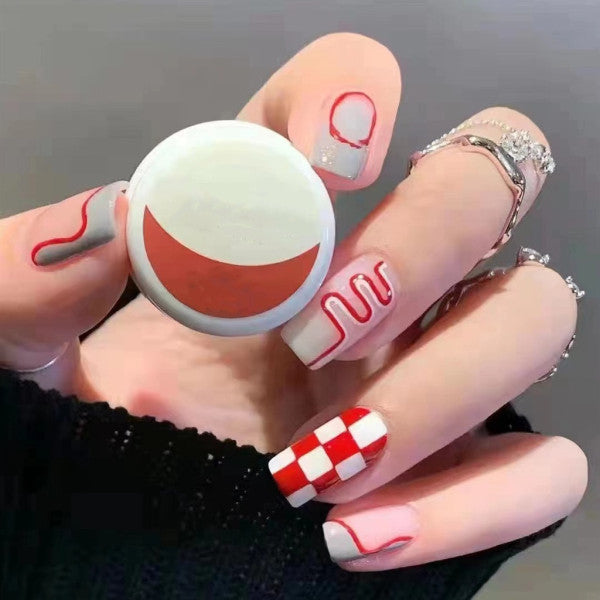 Wavy Check Prints Fancy 12 PCs Fake Nails Set -Red Multi Color