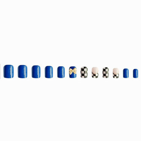 Blue Checkered Contrast 12 PCs Fake Nails Set - Blue Multicolor
