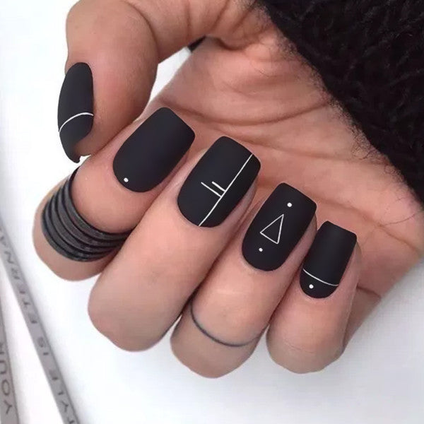 Geo Print Short Length Party 12 PCs Fake Nails Set - Black