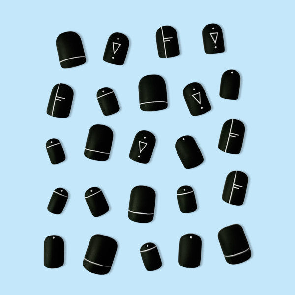 Geo Print Short Length Party 12 PCs Fake Nails Set - Black