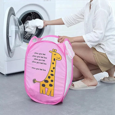 Mesh Cute Cats Print Colorful Laundry Basket - Pink