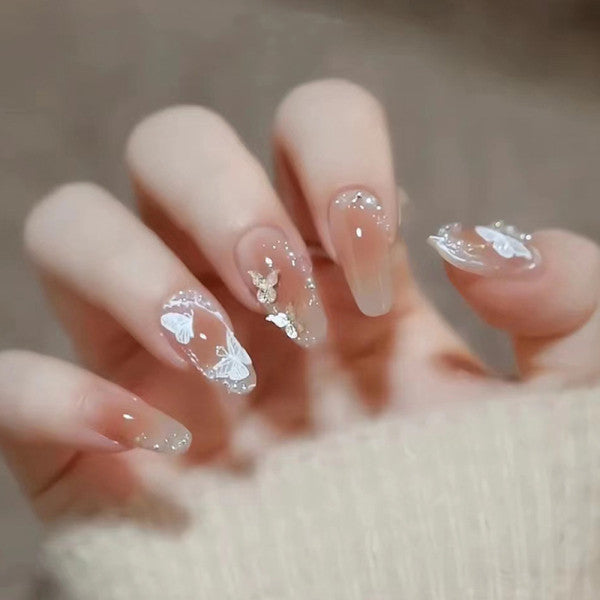 24 PCs Butterfly Pattern Shiny Indoor DIY Shiny Printed Party Wear Fake Nails With Glue