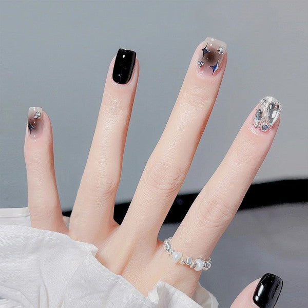 24 PCs Two Tone Shiny Adhesive Indoor DIY Shiny Printed Party Wear Fake Nails With Glue