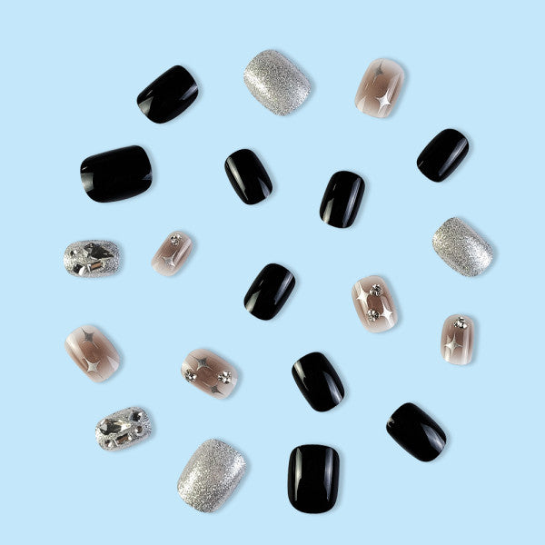 24 PCs Two Tone Shiny Adhesive Indoor DIY Shiny Printed Party Wear Fake Nails With Glue