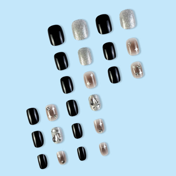 24 PCs Two Tone Shiny Adhesive Indoor DIY Shiny Printed Party Wear Fake Nails With Glue