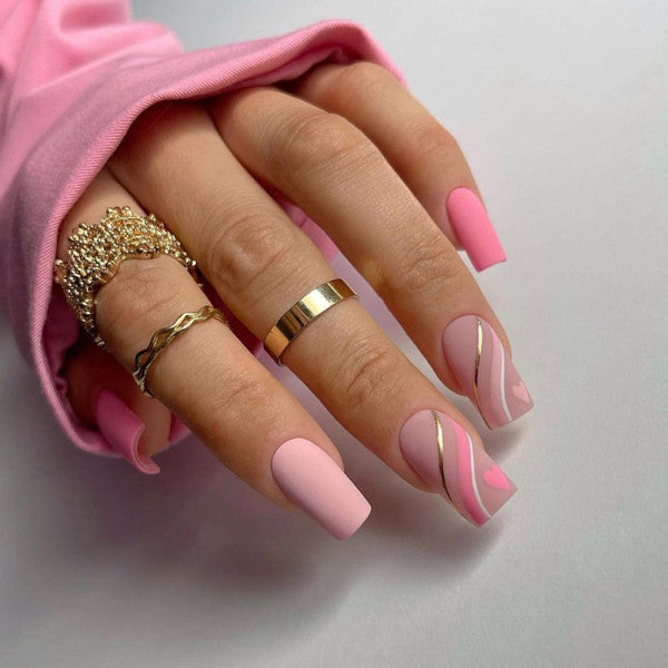 24 PCs Pinkish Beauty Heart Art Indoor DIY Shiny Party Wear Fake Nails With Glue