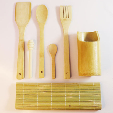 6 In 1 Wooden High Quality Bamboo Vintage Style Smooth Finished Polished Utensils Kitchen Essential Spatula Set Dinner Table Bamboo Cutlery Spoons Set With Sushi Mat