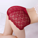 See Through Floral Lace Patched Summer Thin Fabric Women Underwear - Wine Red