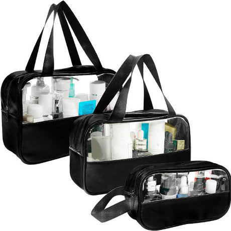 Portable Travel Bags 3PCs Double Handle Makeup &amp; Cosmetics Storage Wide Space Personal Accessories Water Resistant &amp; Stylish Synthetic Leather Design - Shop N Save