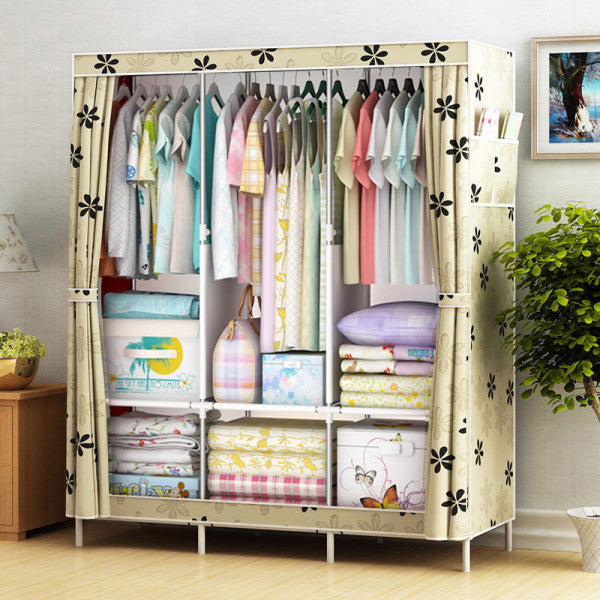 Canvas Wardrobe Organizer Space-Saving Foldable Large Size Clothing Storage Rack - Beige