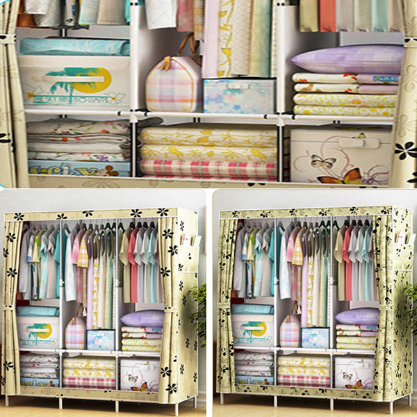 Canvas Wardrobe Organizer Space-Saving Foldable Large Size Clothing Storage Rack - Beige