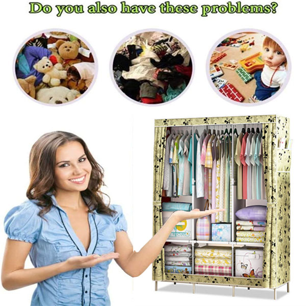 Canvas Wardrobe Organizer Space-Saving Foldable Large Size Clothing Storage Rack - Yellow